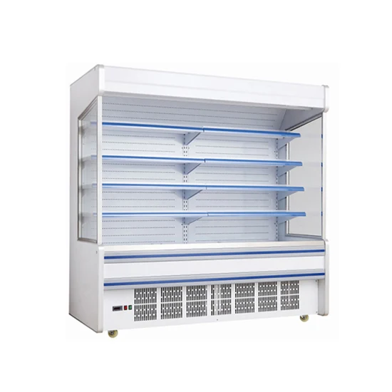 Cortina de plástico com compressor embutido, refrigerador vertical frontal aberto para frutas e legumes e bebidas para supermercado